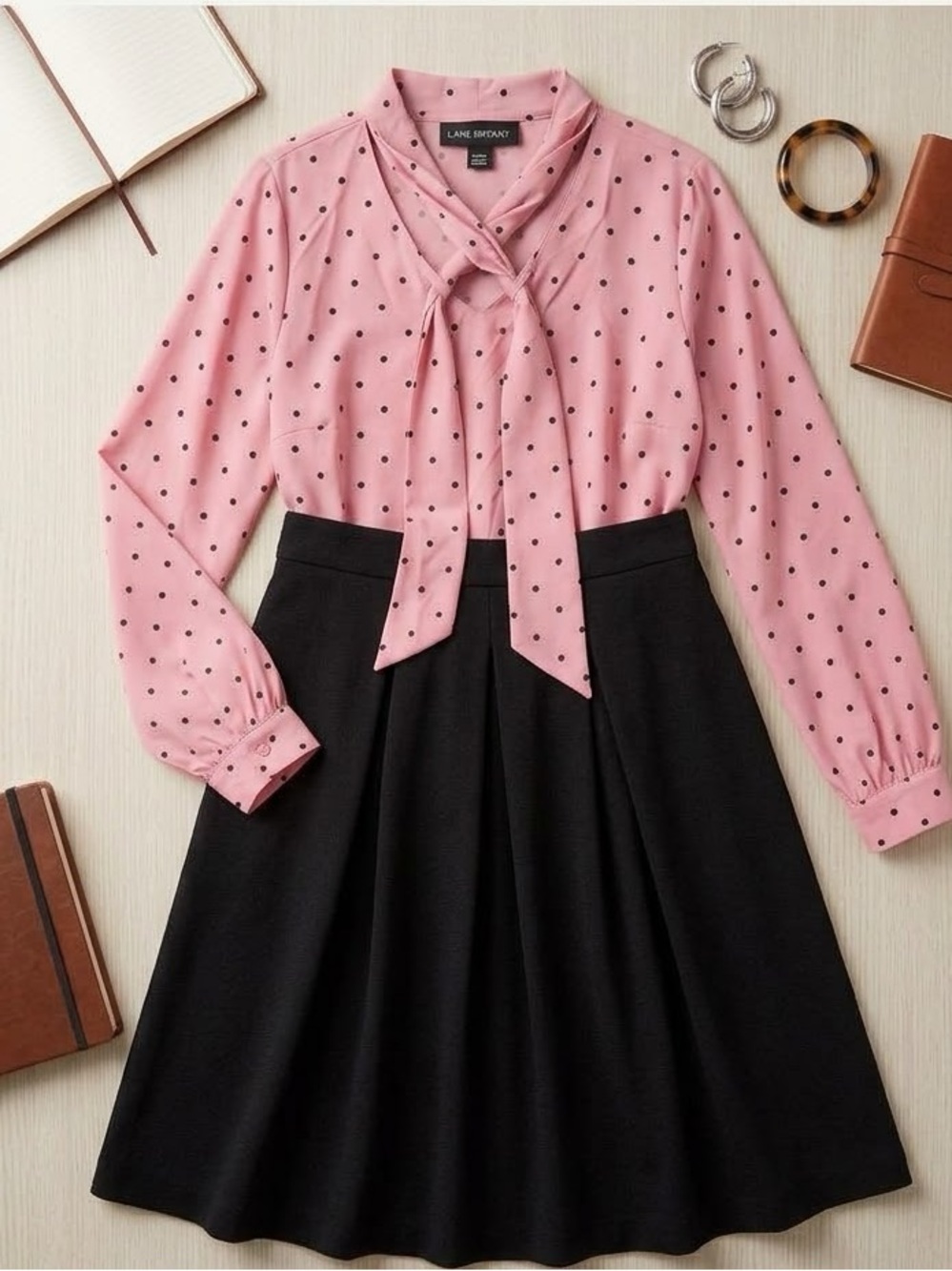 Lane Bryant Pink Polka Dot Tie-Neck Blouse Plus Size 22W